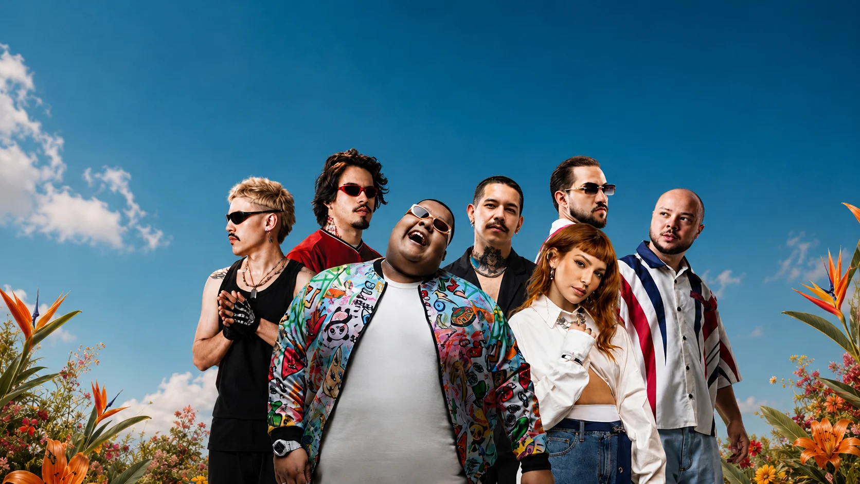 ALMANAC, FATSYNC, FEZZO, GABSS e GIU na fotografia oficial da campanha Sunset Festival 2026