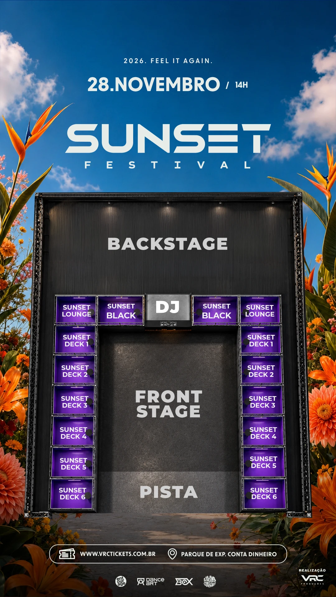 Mapa oficial: Backstage atrás do DJ, Front Stage no centro, Pista abaixo e camarotes nas laterais